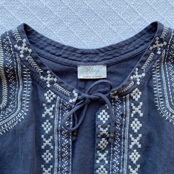 Wrap London 100% Linen Embroidered Peplum Top Tie Front Blue Gray Boho Size 2 - Picture 5 of 7